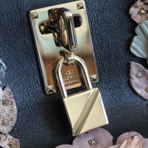 Valentino Joylock Black Leather Floral Applique Rockstud Satchel Shoulder Bag - Picture 9 of 16